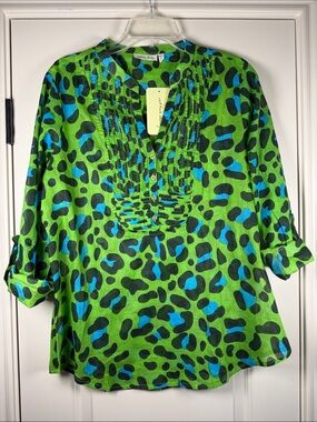 Cotton Daisy - Bright Green Blouse with Black and Blue Polka Dots - Size L